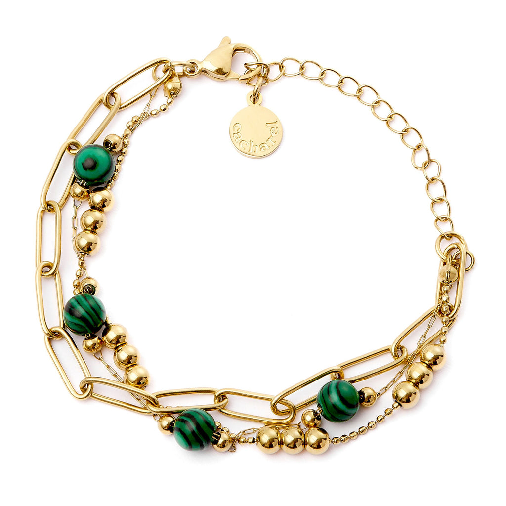 Steel jewelry CACHAREL gold bracelet with green malachite stones Andrea