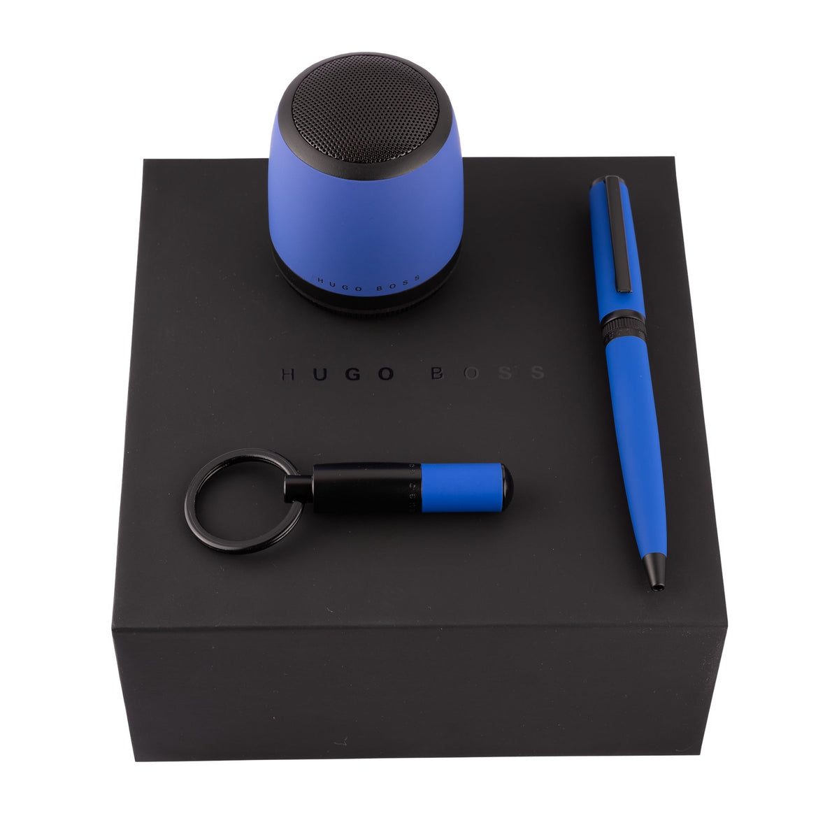 BOSS - Ballpoint pen with blue rubberised finish and logo ring