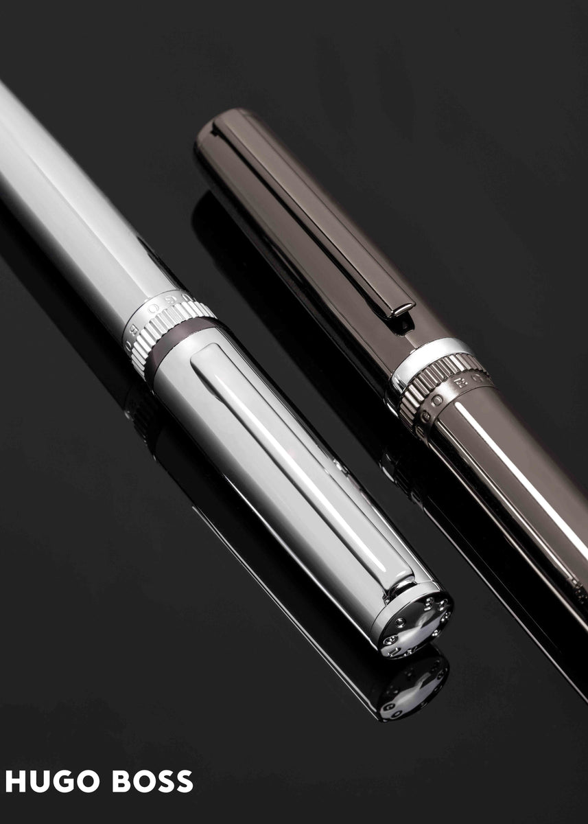 HUGO BOSS: GEAR fountain pen in Black/Silver. Available in foutain pen,  roller pen and ballpoint