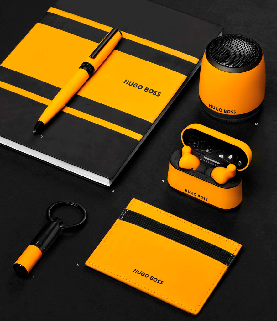 Hugo Boss | BOSS | Yellow | Yellow Accessories | Fashion accessories | Gear Matrix | Writing instruments | Pens | Pen | Notebooks | Notepad | Key ring | Key holder | Leather card holder | Earphones | Earbuds | Speaker | Loudspeaker 
