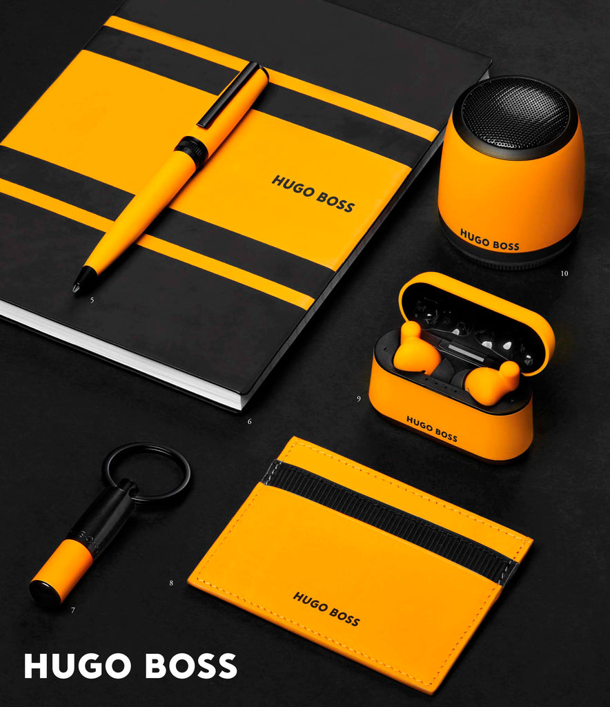 Hugo Boss | BOSS | Yellow | Yellow Accessories | Fashion accessories | Gear Matrix | Writing instruments | Pens | Pen | Notebooks | Notepad | Key ring | Key holder | Leather card holder | Earphones | Earbuds | Speaker | Loudspeaker 