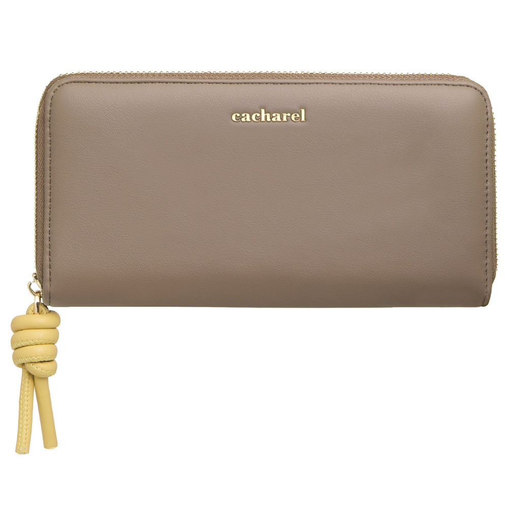 CACHAREL Beige Travel wallet Apolline with yellow knot-shaped handle