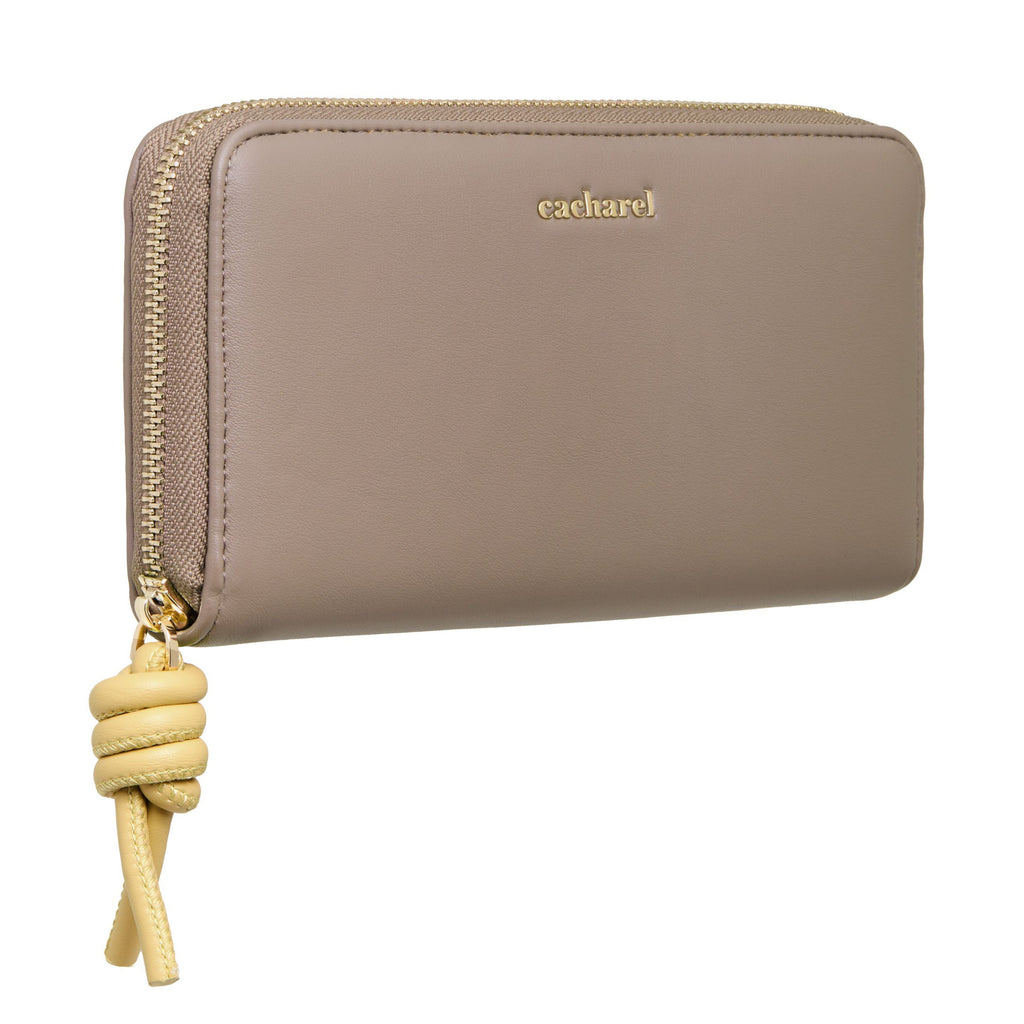 CACHAREL Beige Travel wallet Apolline with yellow knot-shaped handle