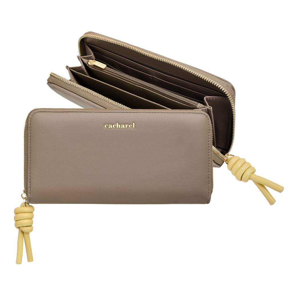 CACHAREL Beige Travel wallet Apolline with yellow knot-shaped handle