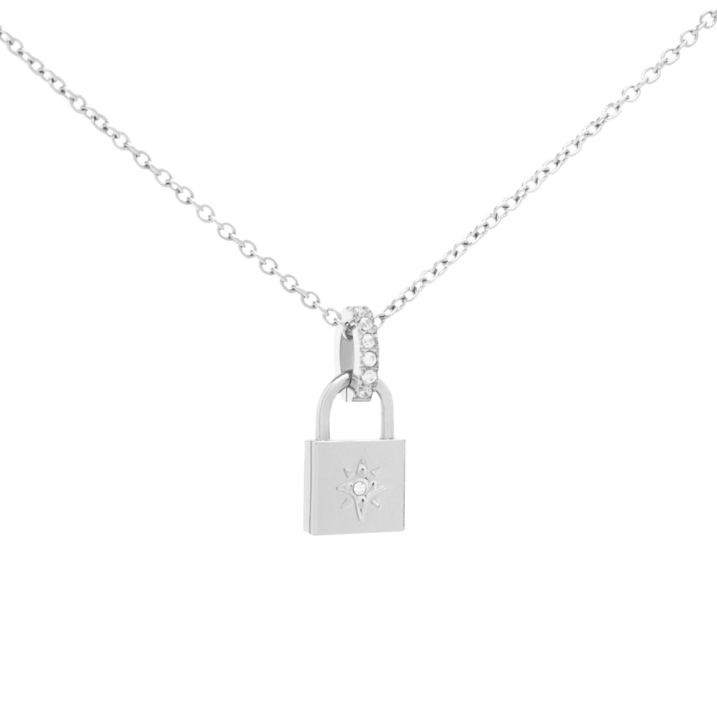 CACHAREL silver stainless steel necklace Violette with key lock pendant