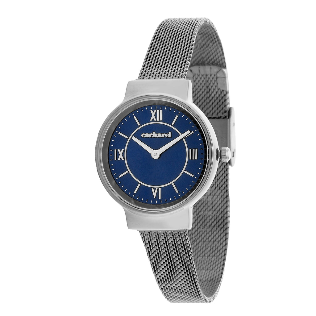 女士腕錶 CACHAREL 銀色和海軍藍手錶，帶有網狀錶帶 Astrid
