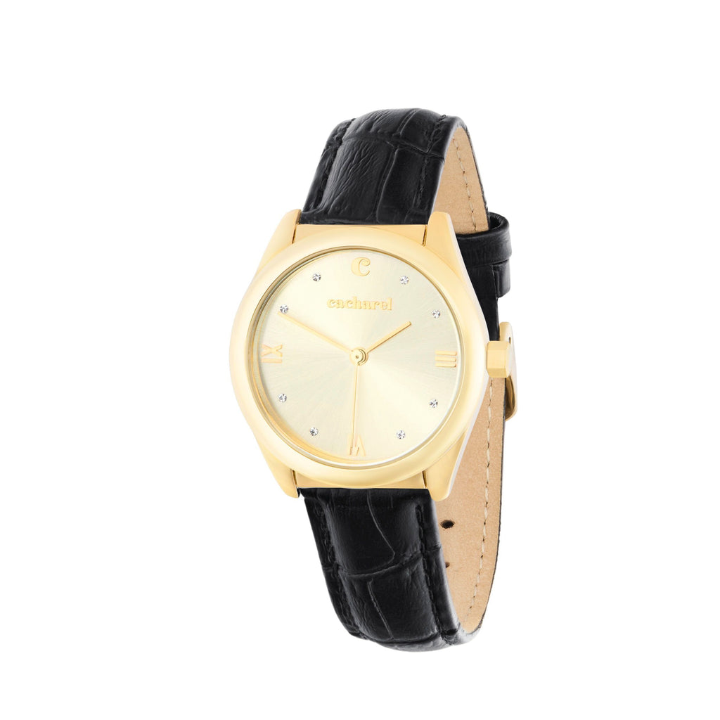 Set with Cacharel black leather strap watch & gold-plated steel bracelet