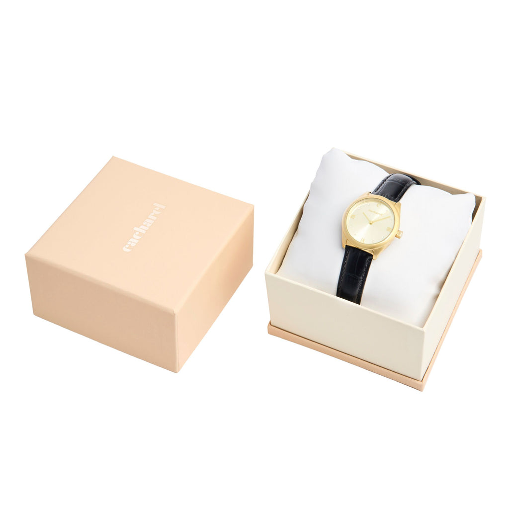 CACHAREL gold-plated quartz watch Violette with black leather strap 