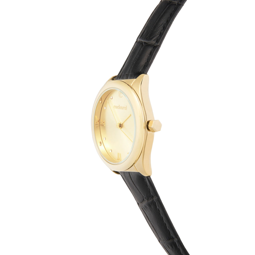 CACHAREL gold-plated quartz watch Violette with black leather strap 