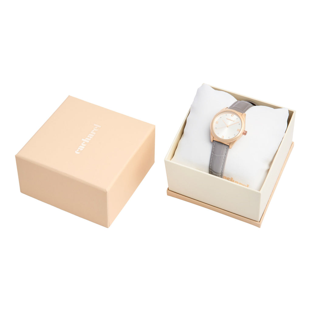 Cachrel watch with a gray strap in a beige box