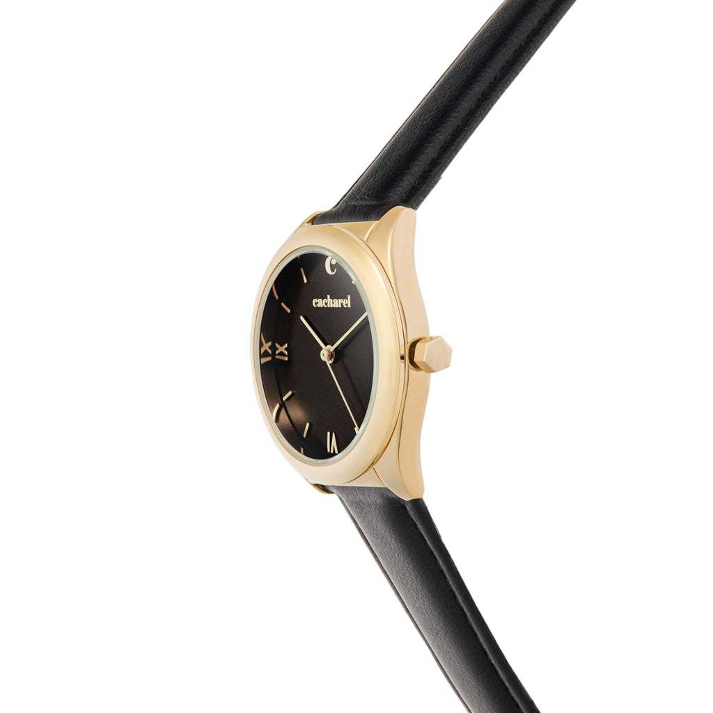 CACHAREL gold-plated watches Vivienne with black dial & leather strap