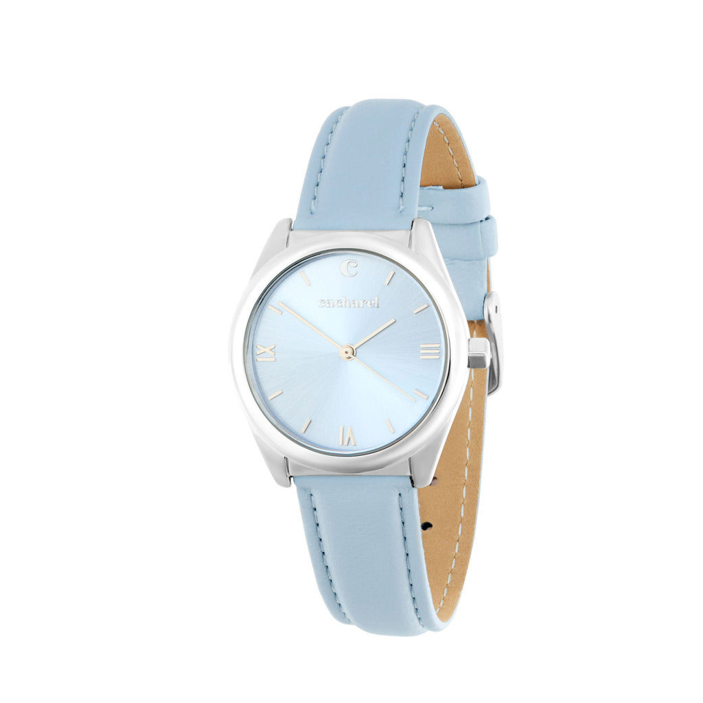 Sets with Cacharel light blue leather watch & chrome steel bracelet 