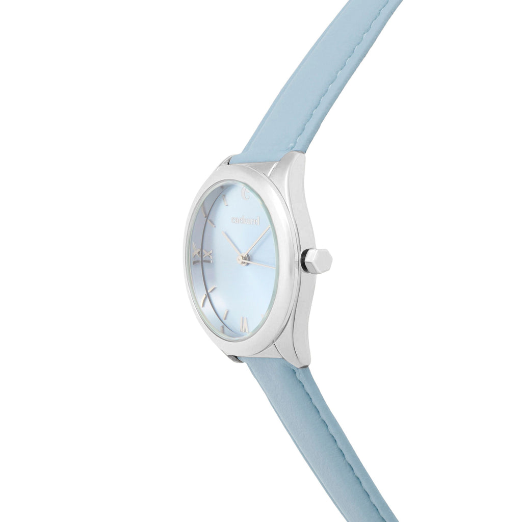 CACHAREL chrome-plated watch Vivienne with light blue sunray dial