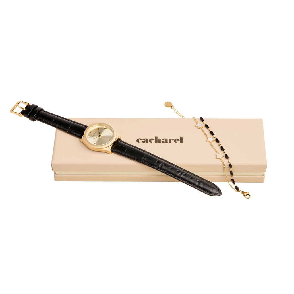 Set with Cacharel black leather strap watch & gold-plated steel bracelet