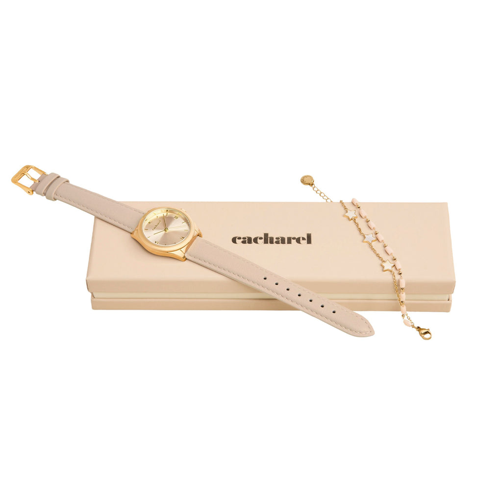 Set with CACHAREL watch with nude strap & gold plated bracelet Vivienne