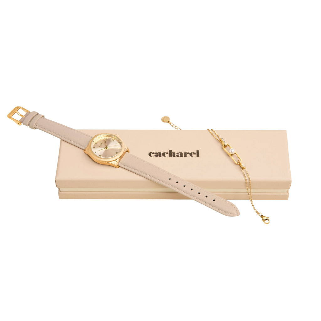 Sets with CACHAREL gold-plated watch & steel bracelet with white pearl