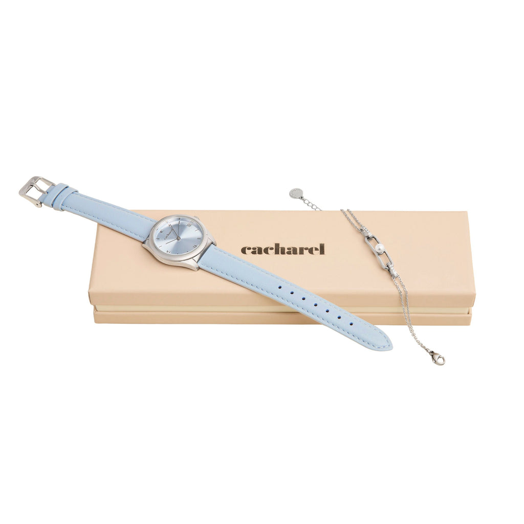 Sets with Cacharel light blue leather watch & chrome steel bracelet 