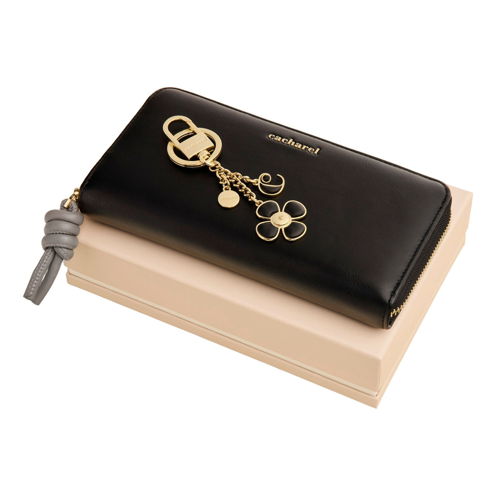 Set with CACHAREL black faux leather travel purse & gold-plated key ring 