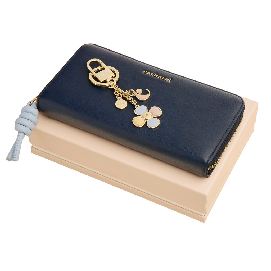 Sets with CACHAREL gold-plated key ring & navy faux leather travel purse 