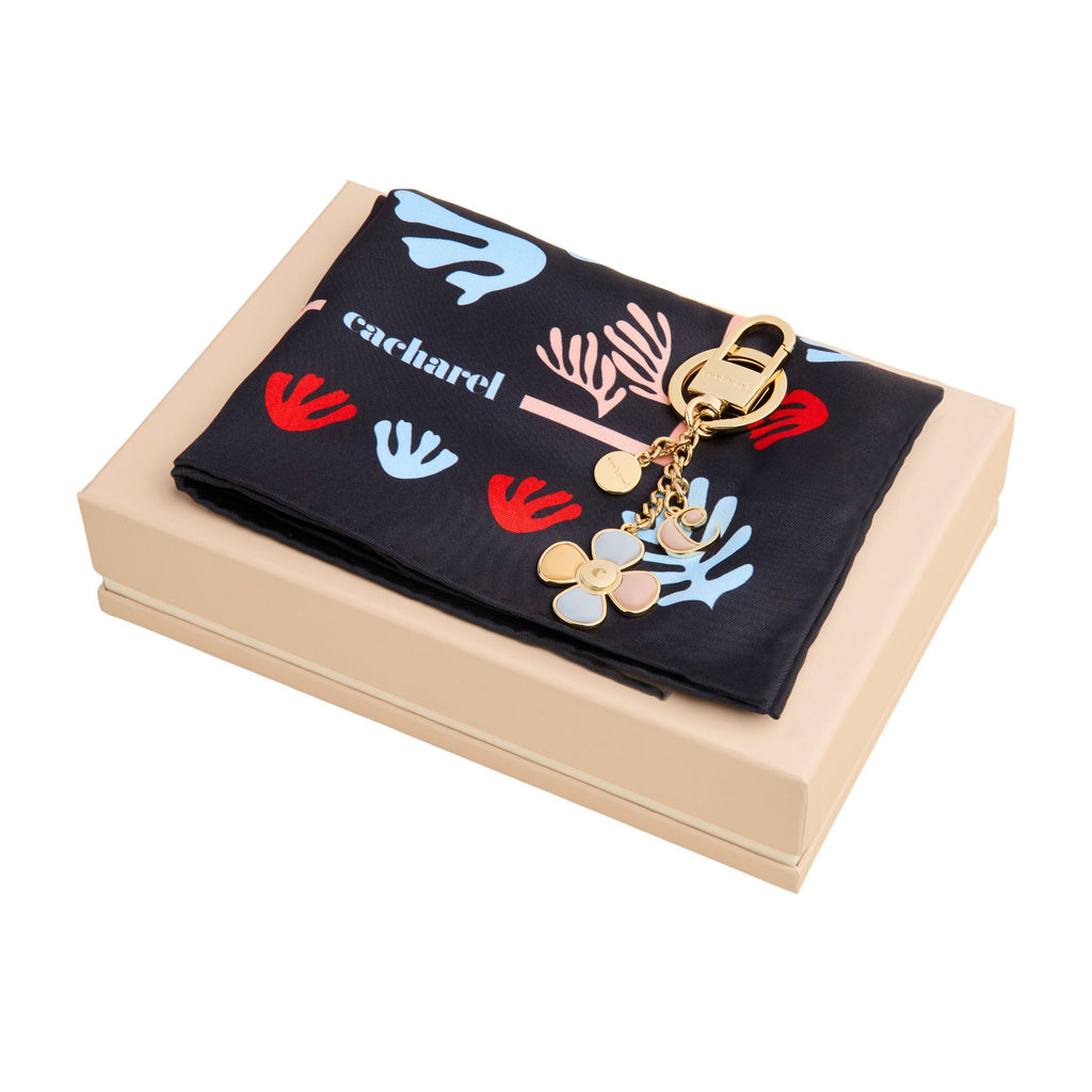 Set with CACHAREL gold-plated key ring & navy polyester scarf Vivienne