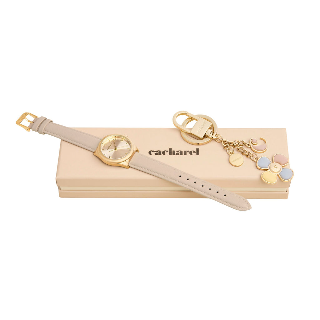 Sets with CACHAREL gold plated key ring & sunray dial watch Vivienne 