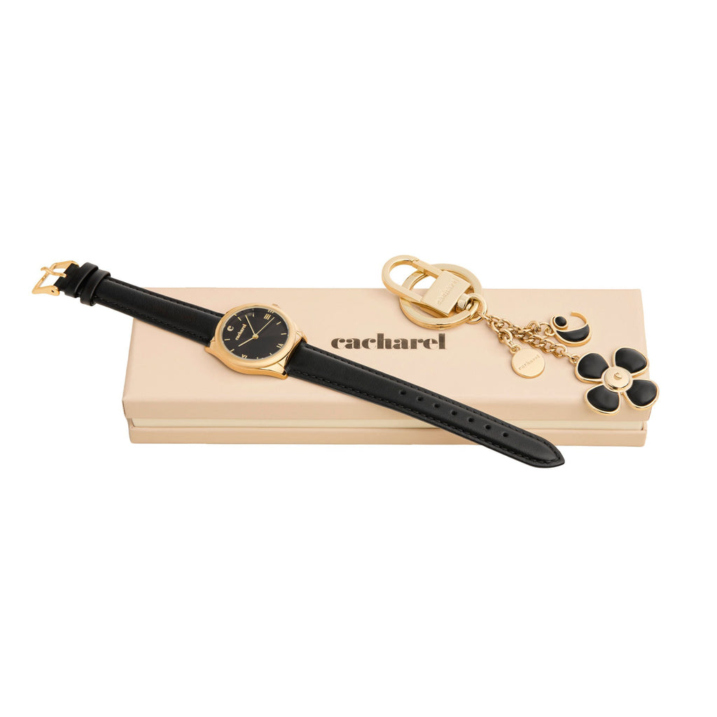 Sets with CACHAREL gold-plated key ring & black strap watch Vivienne