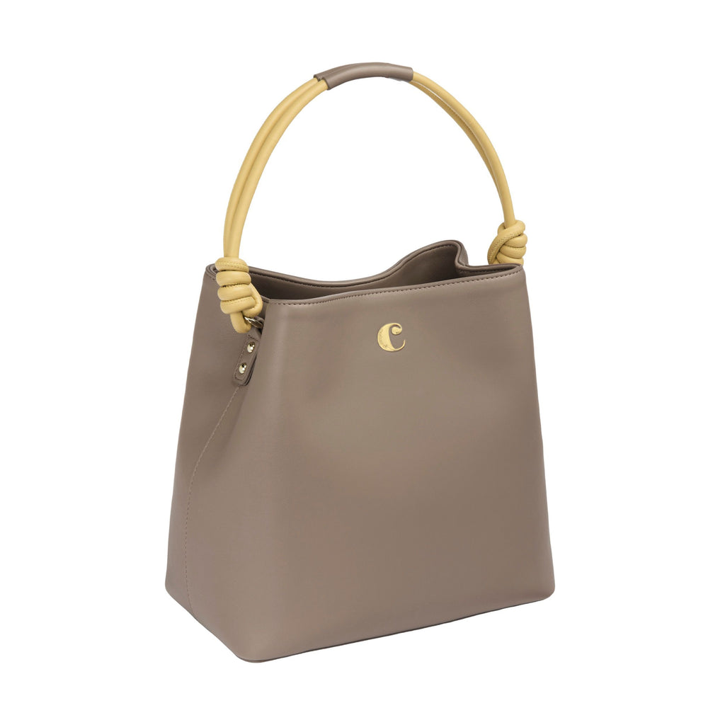 CACHAREL Beige Lady Handbags Apolline with yellow knot-shaped handle