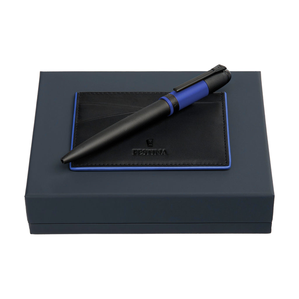 Set with Festina blue ballpoint pen & black card holder with blue edges 