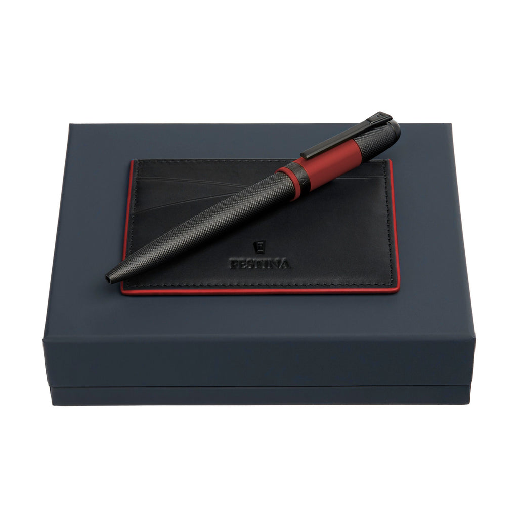 Sets with Festina black-plated ballpoint pen & red leather card holder