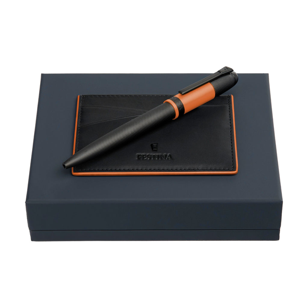 Set Festina orange rubberized ballpoint pen & black leather card holder