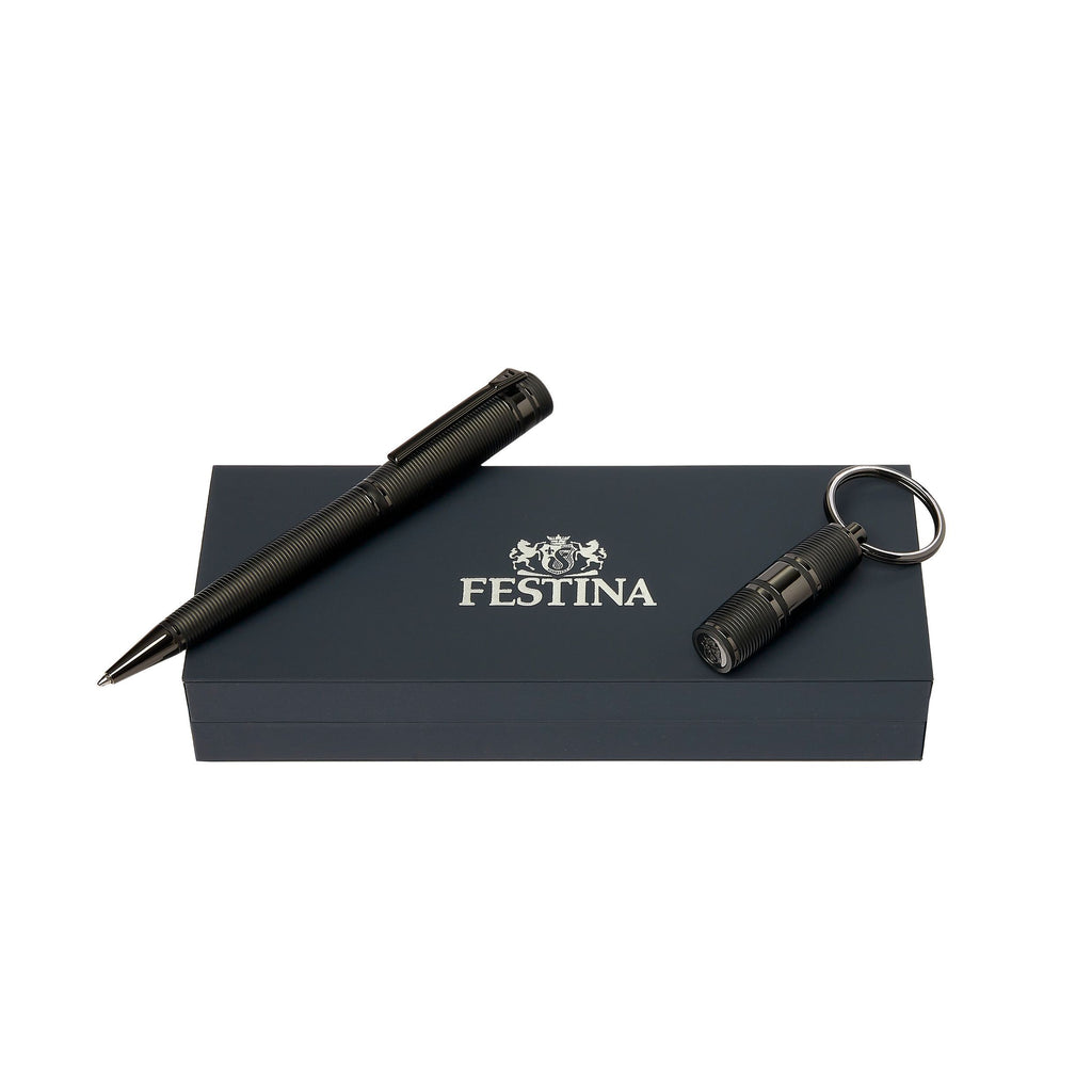 2pc Men's gift set Festina stripe black Key ring & Ballpoint pen Bold