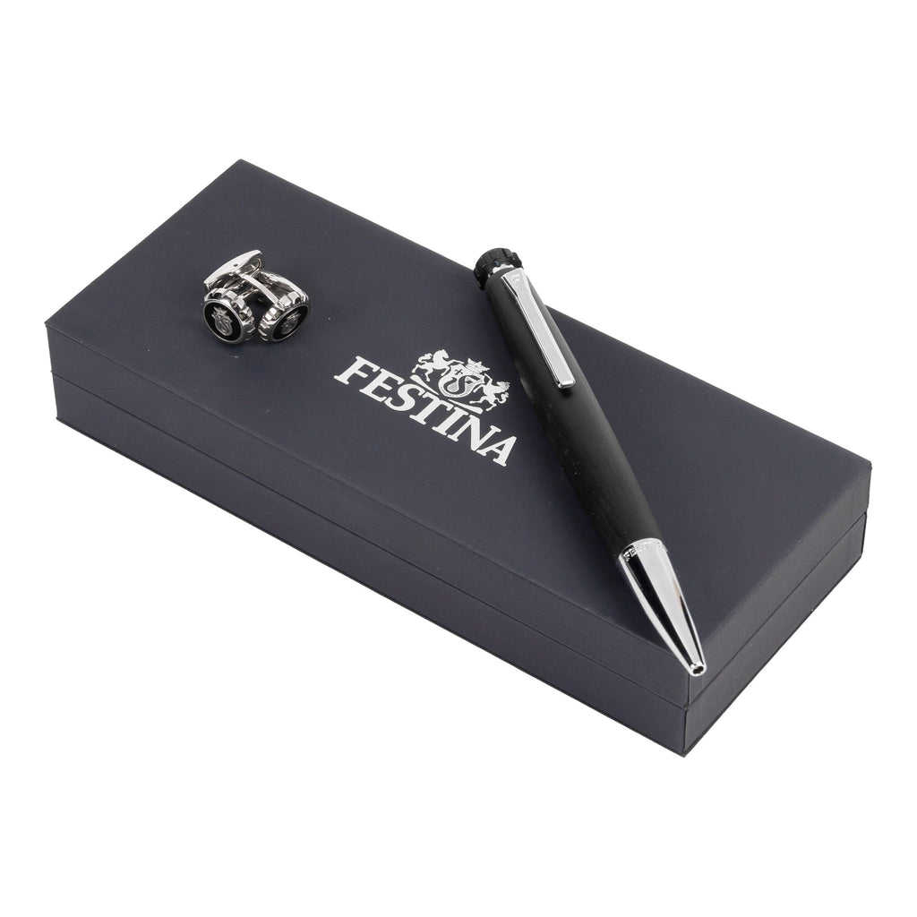 Set FESTINA chrome-plated ballpoint pen & black chrome steel cufflinks