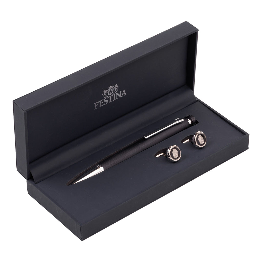 Set FESTINA chrome-plated ballpoint pen & black chrome steel cufflinks