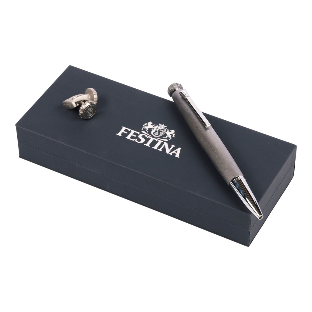 Set with FESTINA chrome aluminum ballpoint pen & chrome steel cufflinks