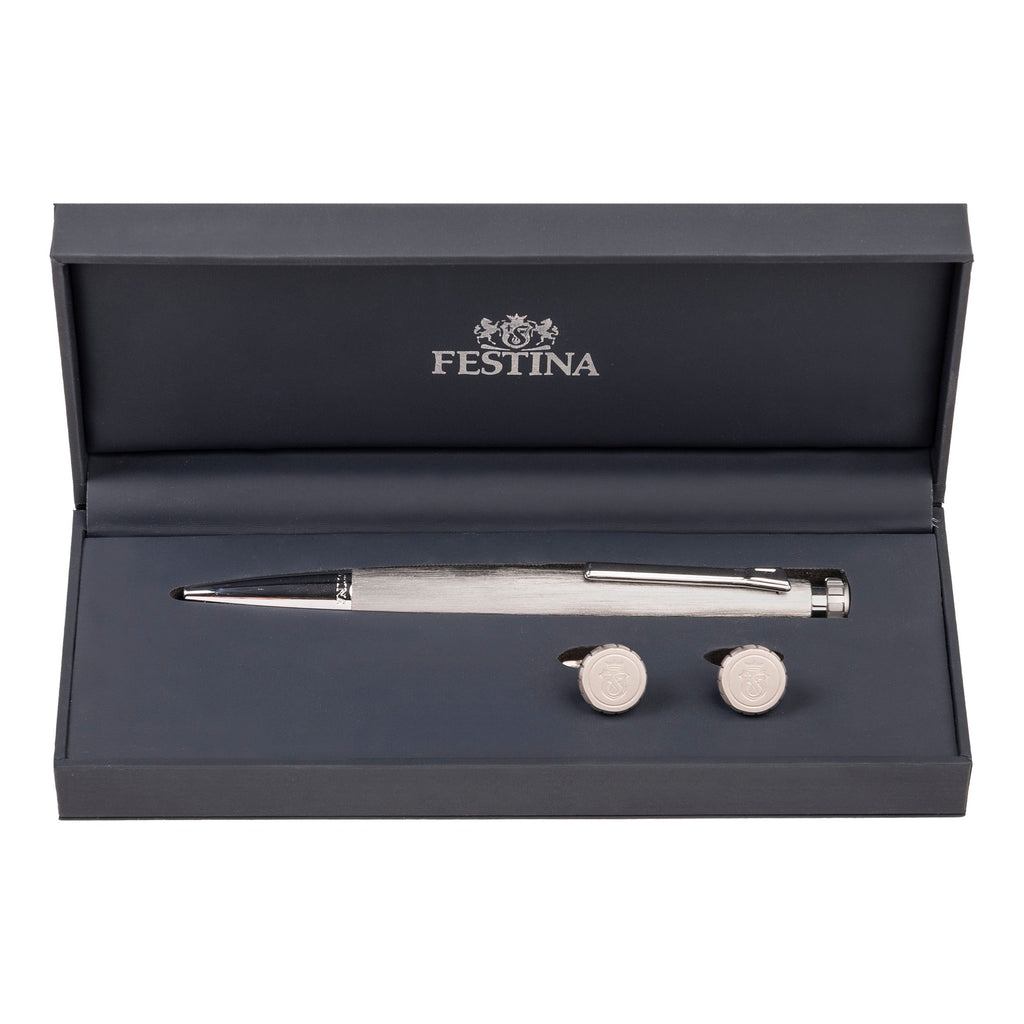 Set with FESTINA chrome aluminum ballpoint pen & chrome steel cufflinks