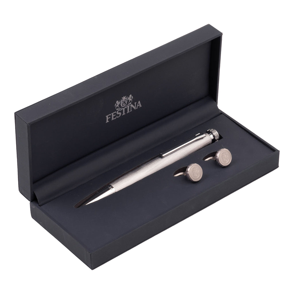 Set with FESTINA chrome aluminum ballpoint pen & chrome steel cufflinks