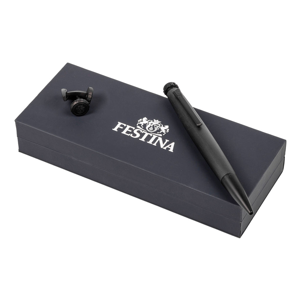 Set with FESTINA black-lacquered ballpoint pen & matt black cufflinks