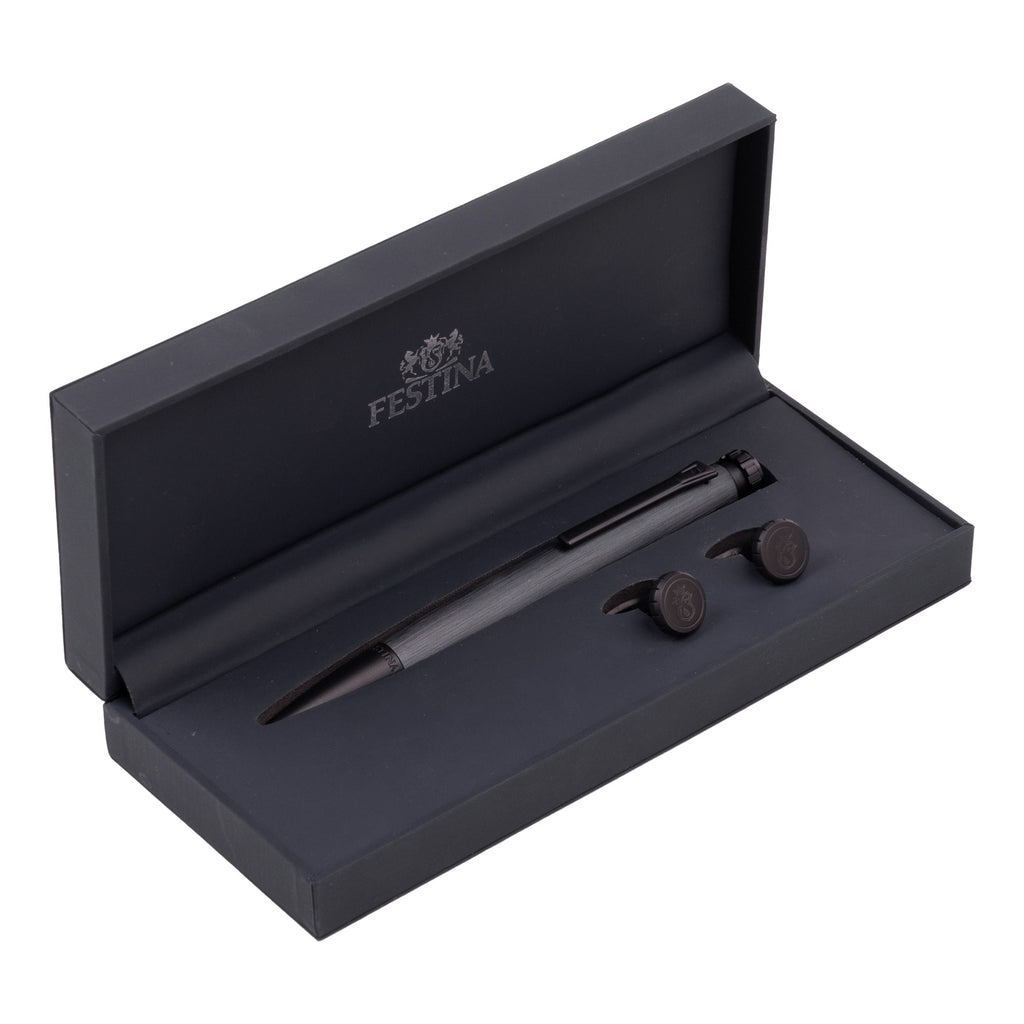 Set with FESTINA black-lacquered ballpoint pen & matt black cufflinks