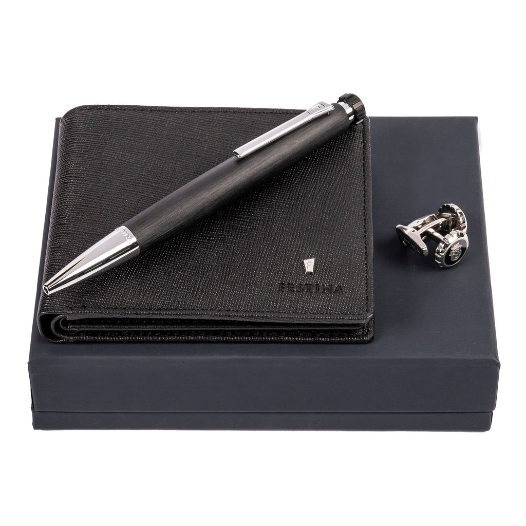 Set with FESTINA steel cufflinks, black wallet & aluminum ballpoint pen