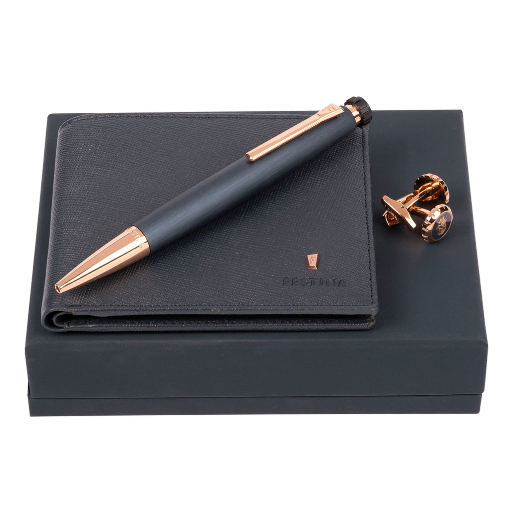 Set with FESTINA gold-plated ballpoint pen, navy wallet & cufflinks