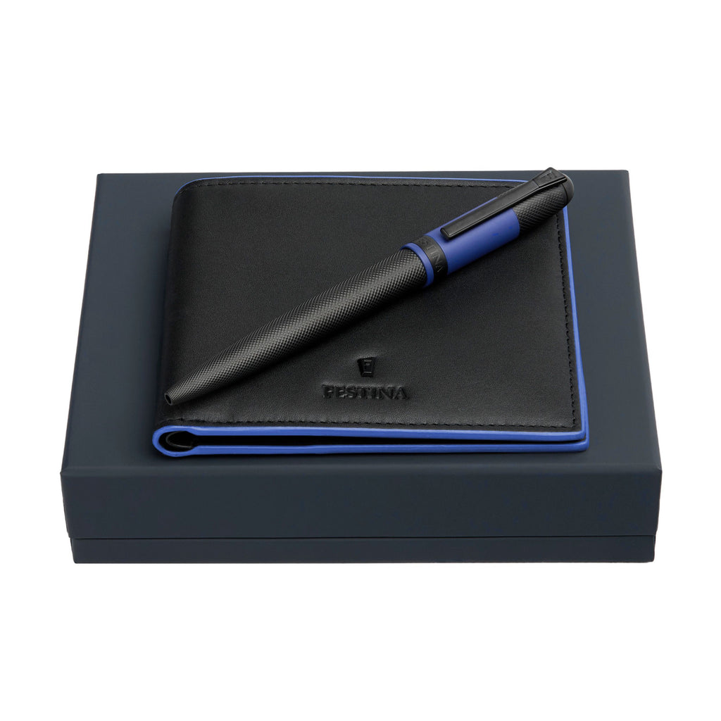 Set with FESTINA black-plated ballpoint pen & blue leather wallet