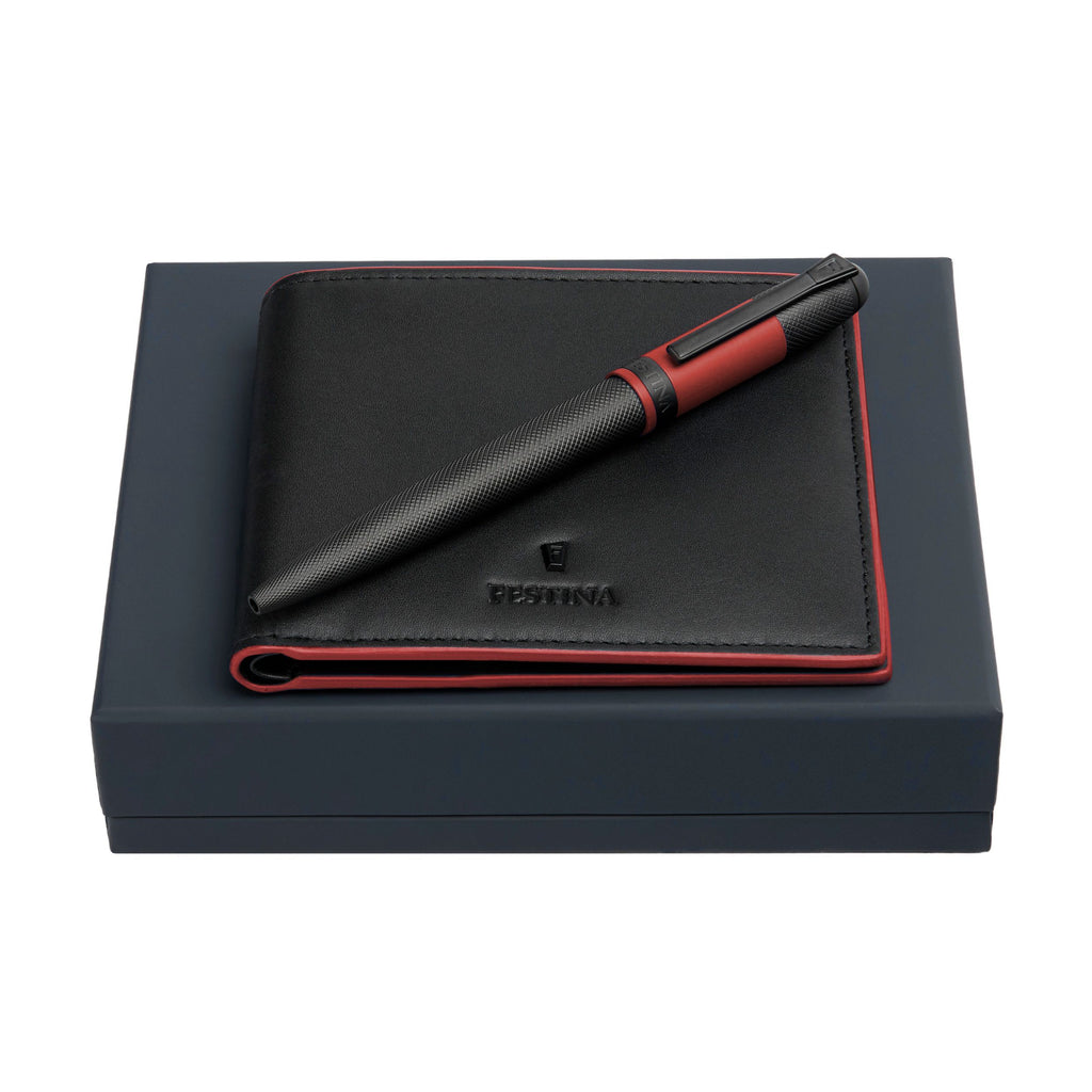 Sets with FESTINA black-plated ballpoint pen & red leather bifold wallet