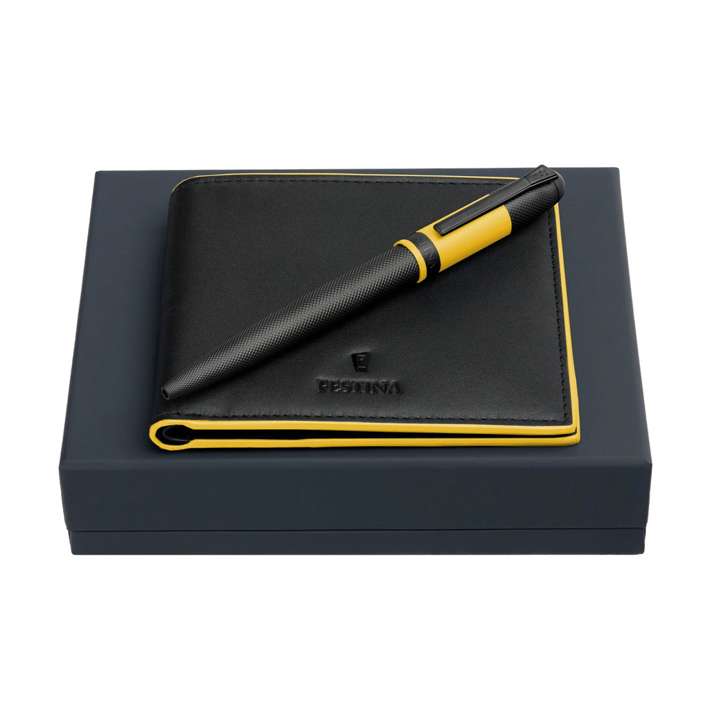 Set with FESTINA black ballpoint pen & wallet with yellow stitches 