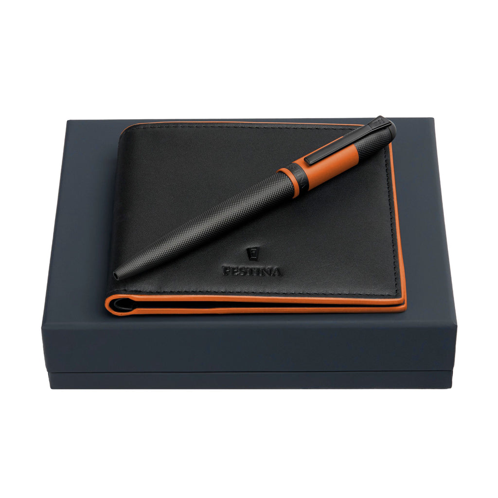 Set Festina with black plated ballpoint pen & wallet with orange lines