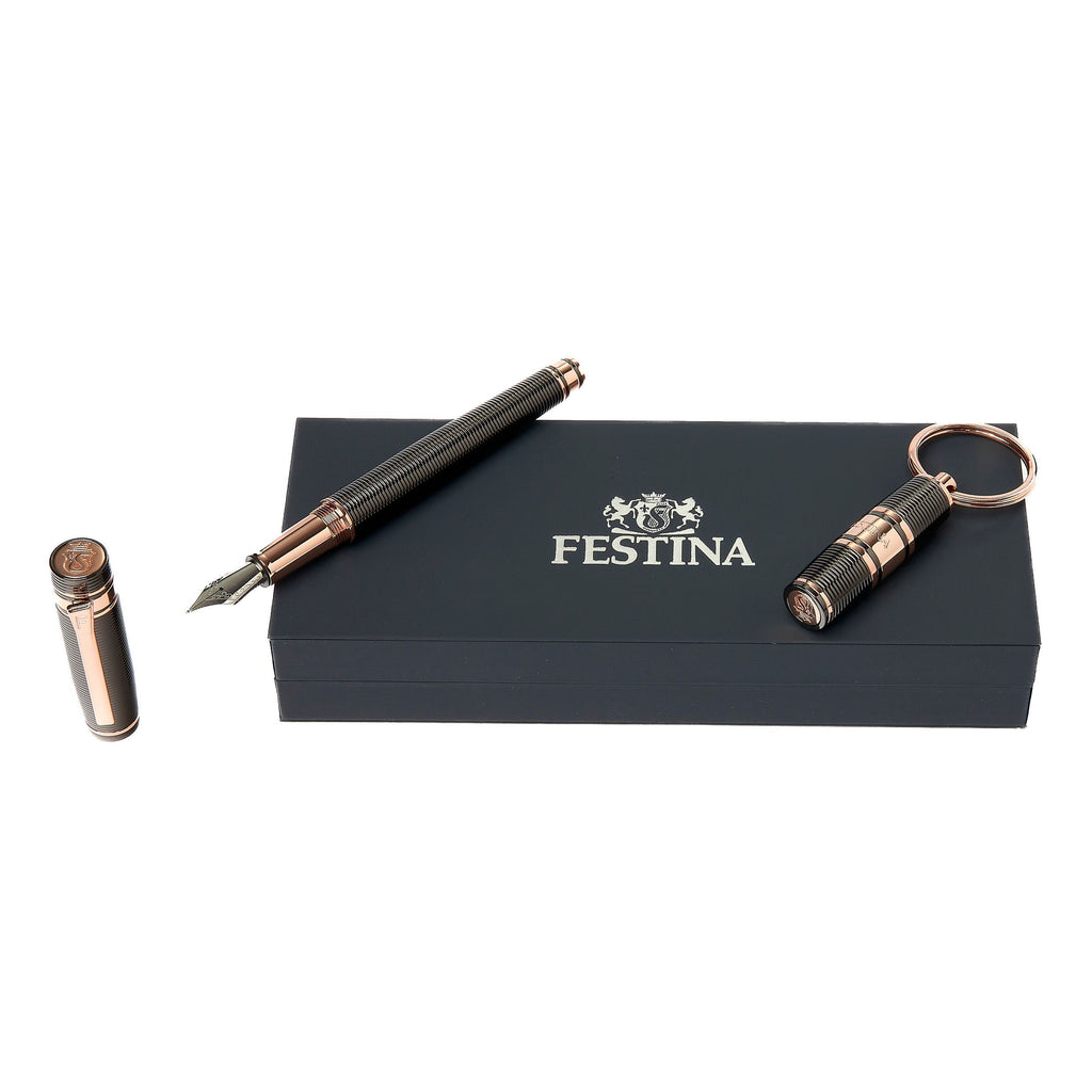 2pc gift set FESTINA stripe gun & rosegold Key ring & Fountain pen Bold