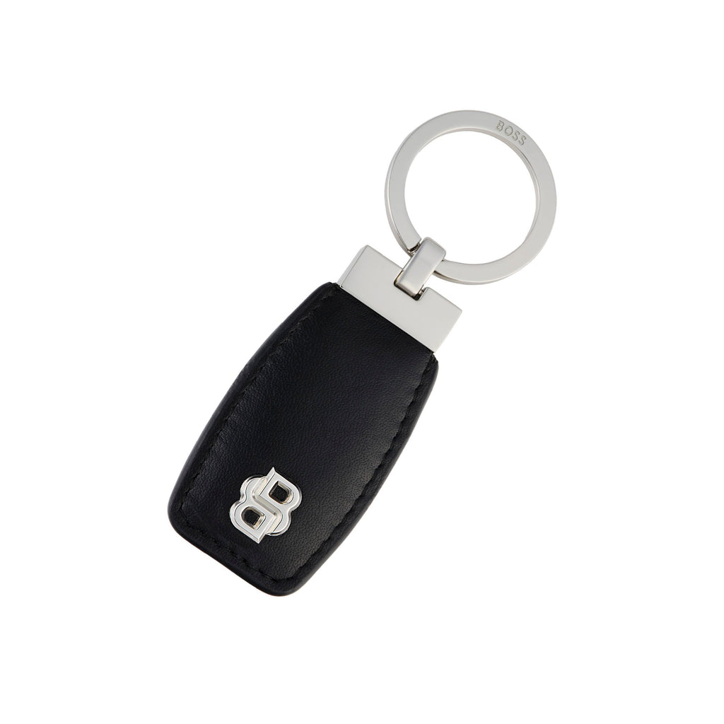 BOSS black leather key ring with chrome-plated Double B logo