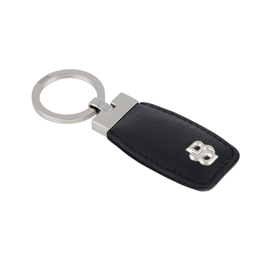 BOSS black leather key ring with chrome-plated Double B logo