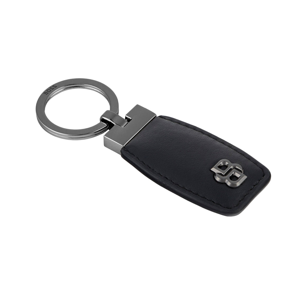 BOSS black leather key ring with gun-metal plated Double B logo