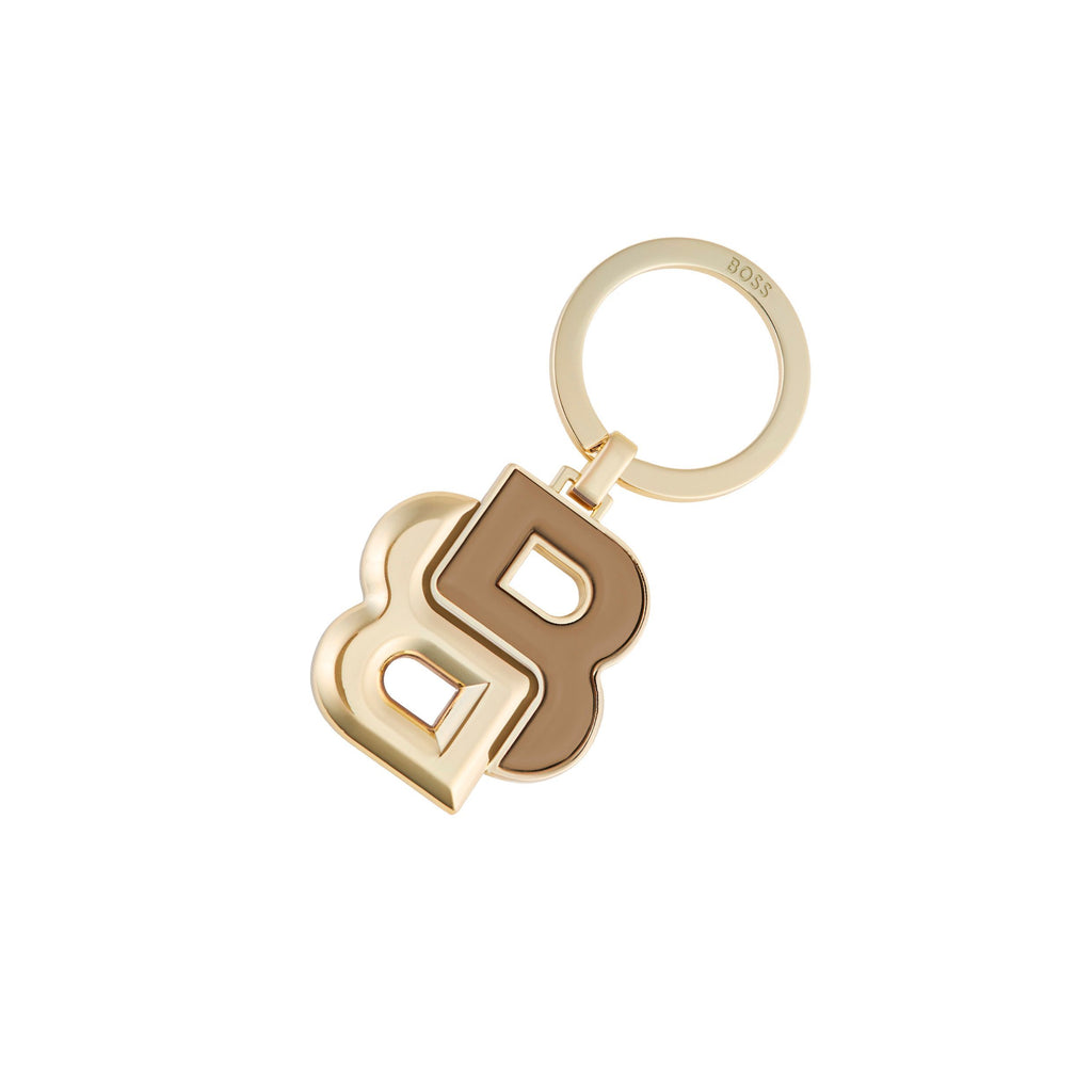 BOSS key ring with Double B in gold plated & camel rubberized material