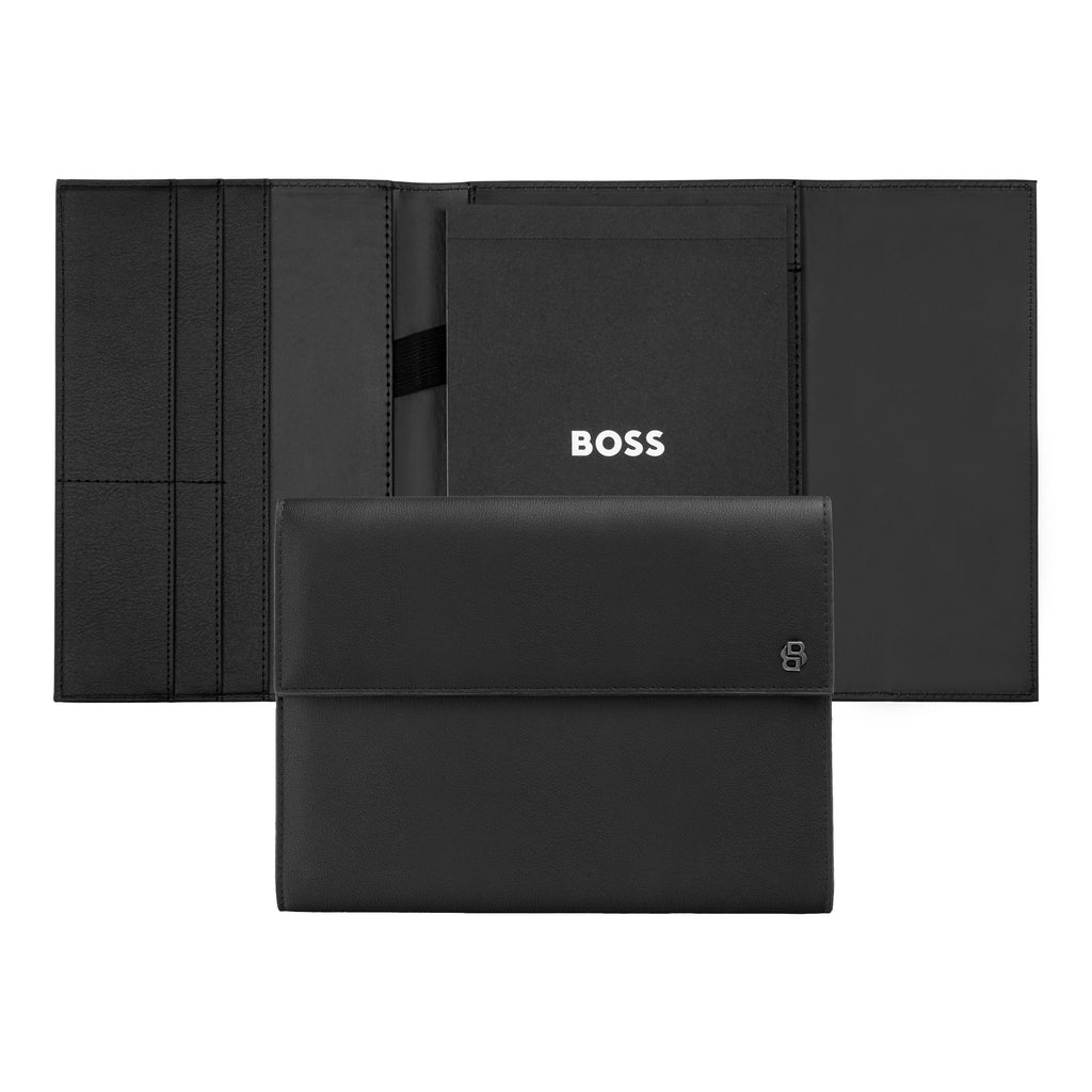 BOSS black textured A5 folder with shiny gun-metal plated Double B logo